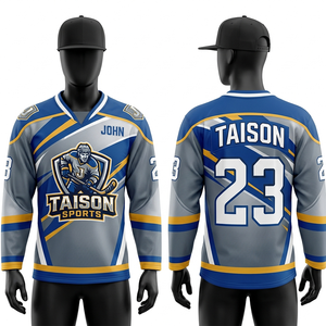 Maillot de hockey sur glace pour homme, polyester premium 220 GSM, maille respirante, design à panneaux gris, bleu et jaune, logo personnalisé par sublimation - Product Image 1