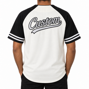 High Quality Custom Team Baseball Jersey Black White Raglan <b>Short</b> <b>Sleeve</b> <b>Button</b> <b>Up</b> Uniform <b>Shirt</b> Striped Cuffs Wholesale Supply - Product Image 3
