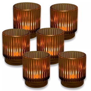 Juego de 6 portavelas de cristal ámbar acanalado de diseño vintage, portavelas votivas decorativos de cristal. - Product Image 1