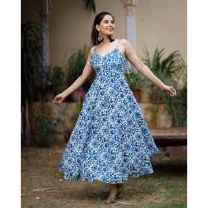 Robe en coton bleu à imprimé floral, col en V, en mousseline respirante, coupe trapèze avec taille naturelle, taille XS - Product Image 6