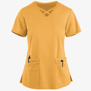 เสื้อสครับสีเหลืองมัสตาร์ด แขนสั้น ผ้าทอ ย้อมสีพื้น แบบลำลอง ยูนิเซ็กซ์ ผ้ายืดสแปนเด็กซ์/โพลีเอสเตอร์ - Product Image 2