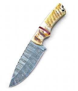 Couteau d'extérieur artisanal en acier Damas, manche en corne de cerf, travail de finition sur le dos, étui en cuir - Product Image 2