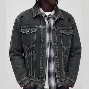 Men's Distressed <b>Denim</b> Jacket Regular Fit Solid Color Ripped Washable Cotton Casual Autumn Button Fly <b>Coat</b> - Product Image 1