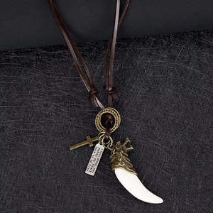 Vintage Alloy Wolf Fang Pendant Necklace 18K Gold Plated XL Adjustable Leather Cord for Men - Product Image 5