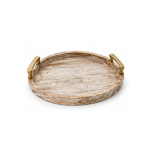 Plateau de rangement rond en bois avec poignées en laiton, design minimaliste pour utilisation sur table, finition vernie à un seul niveau - Product Image 1