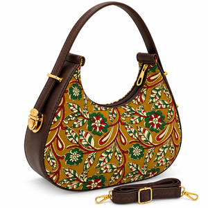 Sac Hobo Bohème à Imprimé Floral pour Femme en Tissu de Coton Marron avec Bandoulière Réglable, Fermeture Éclair et Logo, Accessoires Dorés, Résistant à l'Eau - Product Image 1