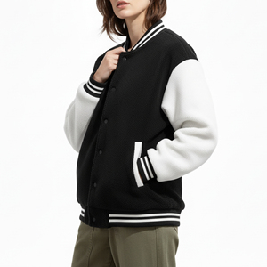 Wholesale Price Women's Long Length Stylish 2 Tone Puller Fleece Sheep Skin Embroidery <b>Varsity</b> <b>Jacket</b> 100% Wool - Product Image 4