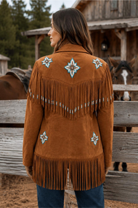 <b>Women</b> Tan Brown genuine Leather Western <b>Jacket</b> with <b>Fringe</b> & Beads - Product Image 6