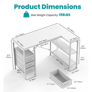Escritorio para juegos en forma de L de 47 pulgadas con tomas de corriente, 3 cajones, estantes, soporte para monitor, MDF blanco - Product Image 2