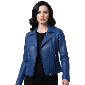 Veste de moto en cuir bleu avec logo brodé personnalisé, vente en gros en vrac, prix d'usine, style motard authentique, mode féminine - Product Image 1