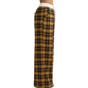 <b>Womens</b> Winter High-Waisted Loose Mustard Yellow <b>Black</b> Plaid Wide Leg Lounge <b>Pants</b> White Elastic Waistband Drawstring Side - Product Image 4