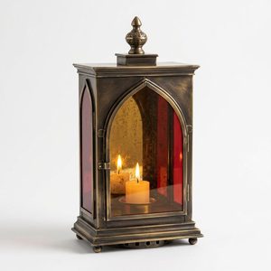 Antique Brass Tabletop Lantern 26 cm Handmade Glass & Brass Candle Holder with Double Flame <b>Mandir</b> Arch Home Decorative Item - Product Image 1