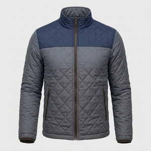 Men's Quilted <b>Jacket</b> Navy Gray Color Block Stand Collar Zipper Closure Windproof Casual Autumn Wear Polyester Wadding - Product Image 1