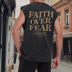 Camisetas sin mangas cristianas para hombre, camisetas sin mangas con estampado 'Faith Over Fear', camisetas de gimnasio con lavado ácido, camisetas deportivas con corte muscular, camisetas religiosas - Product Image 3
