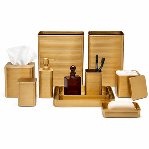 Gold <b>Bathroom</b> <b>Accessories</b> <b>Set</b> Wholesale Matte Gold Brass Hotel Bath Supplies Modern Ribbed Wastebasket Soap Dispenser Tissue Box - Product Image 1