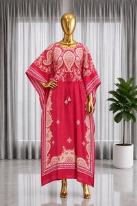 Red Cotton Ethnic <b>Kaftan</b> Dress With <b>White</b> Print Loose Fit Full Length For Women Casual Wear India Pakistan Style - Product Image 2