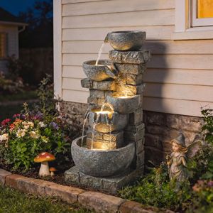 Fontana d'Acqua Moderna da Esterno a 5 Livelli, Alta 80 cm, con Luci LED e Cascata d'Acqua per Giardino, Patio, Villa, Decorazione Casa Grigia - Product Image 2