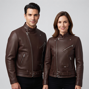 Wholesale Genuine Leather Sporty Long Motorcycle <b>Biker</b> <b>Jacket</b> with Stand Collar Zipper Closure Waist Belt & Chest Pocket-Unisex - Product Image 1
