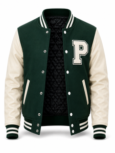 Men's Green Varsity <b>Jacket</b> for Wool Sleeves Embroidered P Letter Front Button Closure <b>Patchwork</b> Streetwear Winter Wear - Product Image 3
