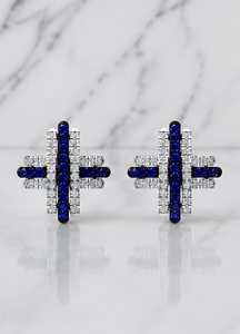 Pendientes de Plata de Ley 925 con Baño de Rodio, Zafiro Azul, Circonita Cúbica Blanca, Diseño Geométrico Art Deco, para Compromiso y Boda - Product Image 2