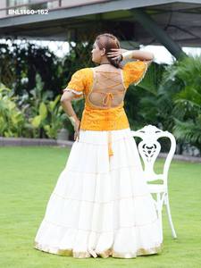 Festival Wear Rangoli Crush with Lumpi Lace work & Flared <b>White</b> <b>Lehenga</b>-Readymade Print-Embroidery Blouse Pair Indian Supplier - Product Image 2
