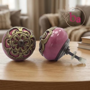 Ba <b>Pink</b> Ceramic Round Cabinet <b>Knob</b> With Brass Filigree Design Traditional Furniture Handle For Home Office - Product Image 1