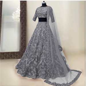 DESGASTE FIESTA TAPETA SEDA BORDADO TRABAJO LEHENGA CHOLI CON DUPATTA GRIS - Product Image 1