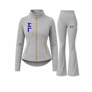 Ensemble de veste et leggings de yoga pour femmes, couleur unie, avec logo frontal, en nylon élasthanne sans couture 220 g/m², fermeture éclair intégrale, coupe ajustée, vêtements de sport pour la gym et la course à pied - Product Image 2