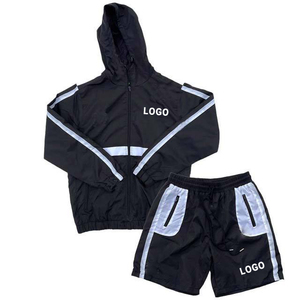 Ensemble de survêtement unisexe noir à capuche avec bandes blanches, séchage rapide, polyester, design sportif pour adultes, tenue décontractée printemps - Product Image 2