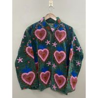 Veste en velours et coton brodée à la main pour femme, manches longues, col mandarin, motif cœur bohème, hiver