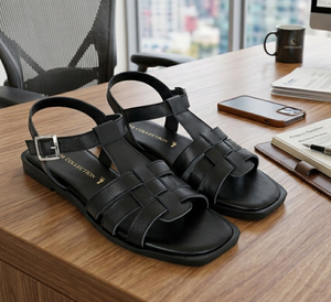 <b>Women</b> Premium Black Leather Gladiator Sandals Handcrafted Korean Style Summer Lightweight Cushioned Open Toe Comfort <b>Slip</b>-On - Product Image 1