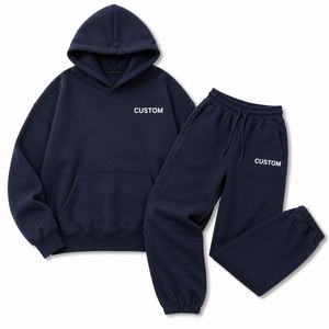 Dark Blue <b>Womens</b> <b>Fleece</b> Hoodie <b>Jogger</b> Outfit Custom Logo Oversized Fit Cotton Sweatshirt And <b>Joggers</b> Casual Loungewear Set OEM - Product Image 3