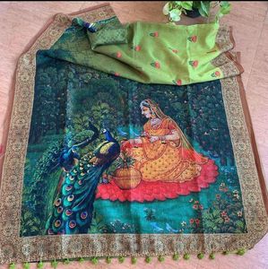 Indian Premium Exclusive Linen Fabric Digital Kalamkari <b>Print</b> Saree Elegant Festive Wedding Party <b>Office</b> Casual Wear Outfit - Product Image 3
