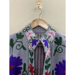 Floral Embroidered Cotton Winter <b>Jacket</b> Women Mandarin Collar Full Sleeve Open Front Handmade Design - Product Image 2