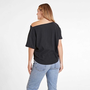 Custom Printed Bamboo Fiber <b>Women</b> Summer Tops Boat Neck Off Shoulder Blouse Breathable Jersey T-<b>Shirt</b> Eco-friendly Letter Print - Product Image 2