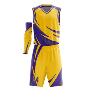 Uniforme de Baloncesto Sublimado Personalizado, Diseño Geométrico Amarillo y Morado, Cuello en V, Sin Mangas, Absorbe la Humedad, Ajuste Atlético, Unisex para Adultos - Product Image 1