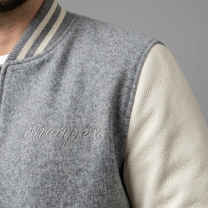 Men's Light Grey Wool <b>Jacket</b> Cream Sleeves Custom Logos Rib Knit Collar Cuffs Zip Front Luxury Streetwear Bomber Outerwear Style - Product Image 4