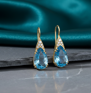 Boucles d'oreilles pendantes en topaze bleue hydro et zirconium cubique, en argent sterling 925 plaqué or 18 carats, forme poire de 5,5 pouces, bijoux de fête et de mariée - Product Image 1