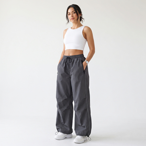 <b>Grey</b> Nylon Windbreaker <b>Women's</b> Parachute Track Pants Wide Leg <b>Cargo</b> <b>Trousers</b> with Drawstring Cinch Ankle - Product Image 6