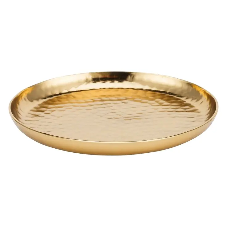 High Grade Newest Design Metal Aluminium Round Bold Hammered Serving Tray And Plate Gold For Kitchen And Dinning Table