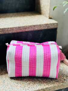 กระเป๋าเครื่องสำอางลายทางสีขาว ผ้าฝ้ายรักษ์โลก กันน้ำ ขนาดกลาง ปิดซิป พกพาสะดวก พร้อมพู่ห้อย - Product Image 4