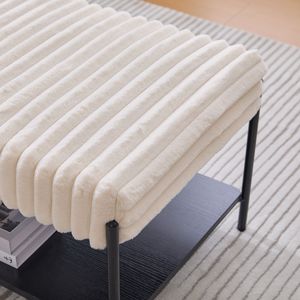 Poggiapiedi in Finta Pelliccia da 78 cm con Gambe in Metallo Nero, Ripiano Aperto in Legno e Top Imbottito - Product Image 5