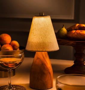 Midcentury Wood Table Lamp With Beige Linen Cone Shade Warm White LED <b>Light</b> Switch Control For Living Room Decor - Product Image 2