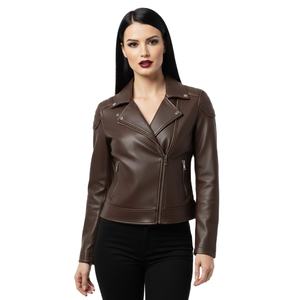 Veste de moto en cuir marron foncé en peau de mouton pour femmes, sur mesure, vente en gros, prix d'usine, style motard authentique, manteau pour femmes, OEM - Product Image 1