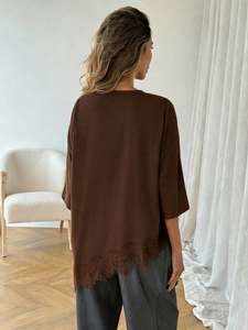 ODM Oversized Asymmetrical Diagonal Lace Hem Tee <b>Brown</b> Short Sleeve Crewneck Cotton Loose Fit Casual Pullover Top Women's Shirts - Product Image 2