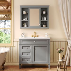 Mobile Bagno Moderno da 36 Pollici con Armadietto Portamedicinali, 2 Ante con Chiusura Ammortizzata, 4 Cassetti, Lavabo Singolo - Product Image 1