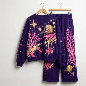 Ensemble de survêtement pour femme avec sweat-shirt imprimé Galaxy prune et pantalon large, style streetwear cosmique, tenue décontractée deux pièces, ONEAPEX - Product Image 1