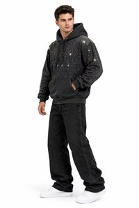 Sweat-shirt à capuche surdimensionné en polaire pour homme, orné de strass, impression numérique écologique, hiver, personnalisable en gros, 300g, non doublé - Product Image 2