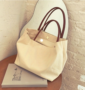 Cotton <b>Canvas</b> <b>Tote</b> Bag with Leather Handles Reusable Shoulder Shopping Bag Plain Design for Daily Carry Grocery and Travel Use - Product Image 1