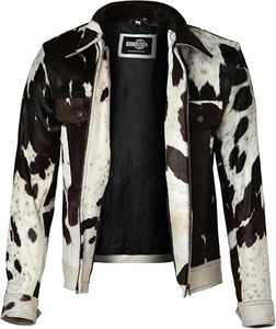 Blouson Moto Homme en Cuir de Vachette Véritable avec Fourrure, Noir et Blanc, Fermeture Éclair Asymétrique, Style Western Streetwear, Vente en Gros - Product Image 2